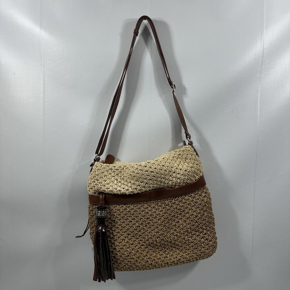 Brighton Hobo Bag Womens Medium Brown Straw Leather Tassel Boho Shoulder Purse
